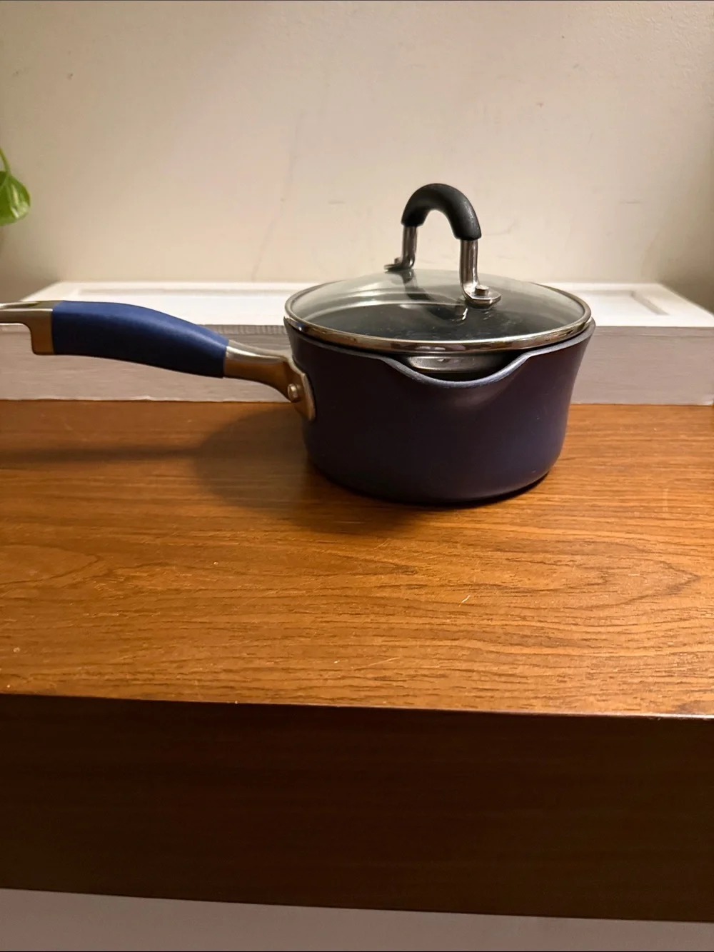 Indigo blue Anolon Advanced Hard Anodized Nonstick Straining Saucepan